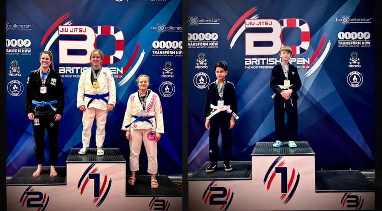Summit Grappling Academy's Sorrelle Williams and Marco Ferrara on the top steps of the podiums at the recent SGA British Championships in London