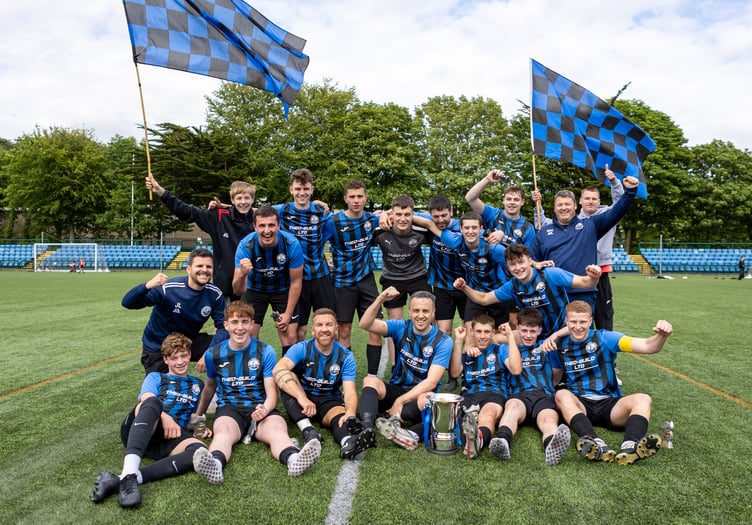 RYCOB players celebrate with the Paul Henry Gold Cup after defeating Castletown 2-1 in Saturday's final at the Bowl (Photo: Gary Weightman)