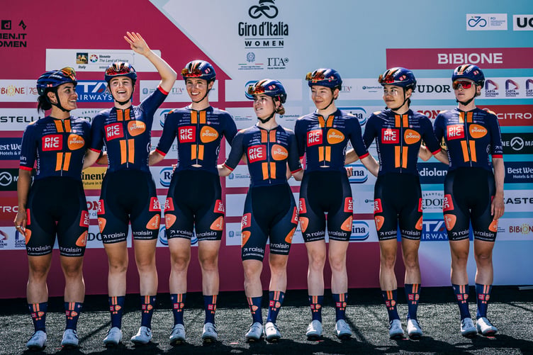 Becky Storrie (far right) pictured with her Team Picnic PostNL team-mates at the prestigious Giro d'Italia Women (Photo: Francesco Rachello/Tornanti.cc)