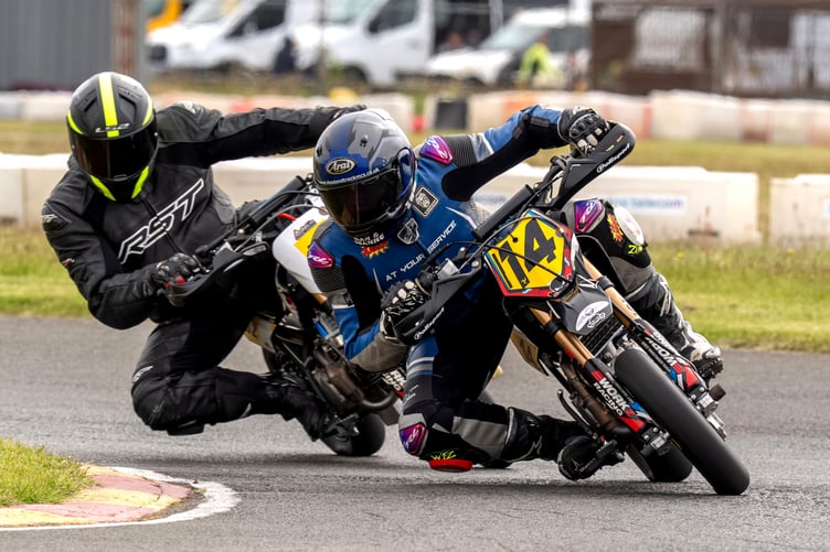 Patrick Venus leads Aaron Craine during one of the open pitbike contests at Jurby on Sunday (Photo: Hagar Photography)