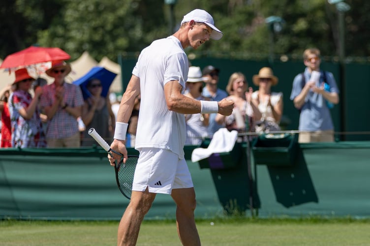 Billy Harris (GBR) celebrates winning a point against Zsombor Piros (HUN) in the Gentlemen's Qualifying Singles second round on Court 2 during the Qualifying Competition at the Wimbledon Qualifying and Community Sports Centre, Roehampton. The Championships 2026. Day -5 Wednesday 24/06/2026. Credit: AELTC/Kieran Cleeves.
