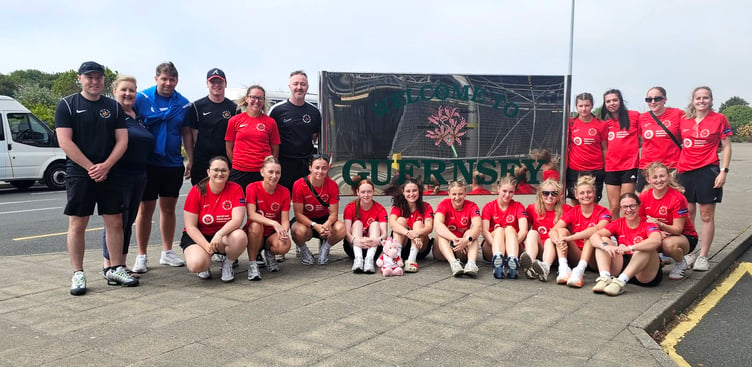 The Isle of Man women's football team plus coaches and officials after arriving in Guernsey on Friday morning (Photo: Paul Hatton)