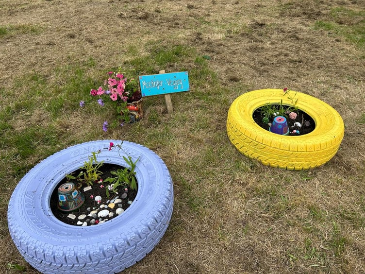 Decorative plants in old tyres are on display