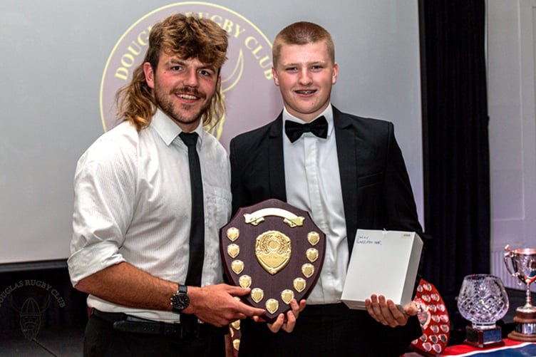 Jonty Shimmin (right) receives the Celts Player of Year trophy from Percy Hampton (Photo: Richard Ebbutt)