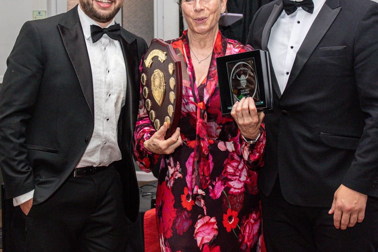 Simon Hoddinott (right) and Matty Wood picked up the Top Try Scorers awards from Joanna Crookall (Photo: Richard Ebbutt)