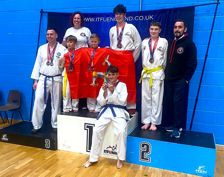 The Manx Taekwon-do fighters with their medals after flying the flag at the ITFU British Open Championships in Derby last weekend