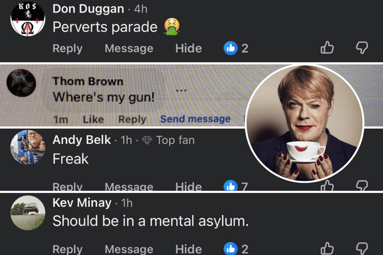 Screenshots of the comments left across numerous articles featuring the LGBTQ+ community, with an inset of Suzy Eddie Izzard