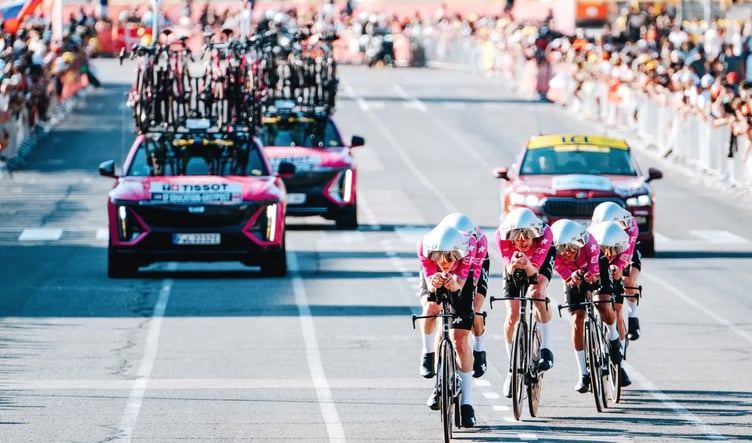Isle of Man cyclist Max Walker and his
EF Education - EasyPost team-mates during the team time trial on the opening stage of the Tour de France in Barcelona on Saturday (Photo: EF Education - EasyPost)