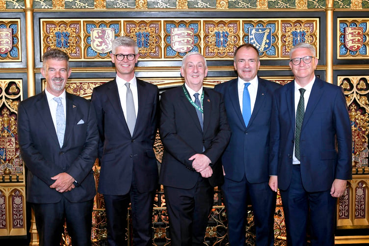 Left to right: Laurence Skelly MLC (President of Tynwald), Al Pinkerton MP (Vice-Chair of the Isle of Man All-Party Parliamentary Group), Sir Lindsay Hoyle (Speaker of the House of Commons), Alfred Cannan MHK (Chief Minister), Andrew Rosindell MP (President of the Isle of Man All-Party Parliamentary Group)