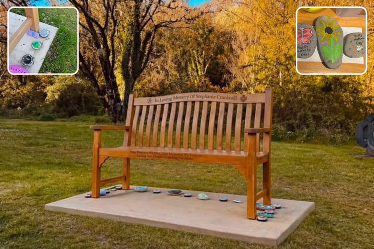 Stephanie Cracknell's memorial bench in Laxey; inset, some of the missing stones