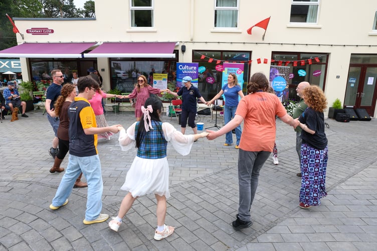 Joining in with a Manx Dance workshop in the Square