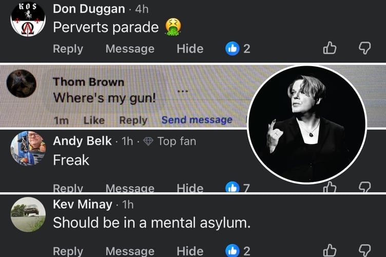 Screenshots of the comments left across numerous articles featuring the LGBTQ+ community, with an inset of Suzy Eddie Izzard whose story bore the brunt of some of them