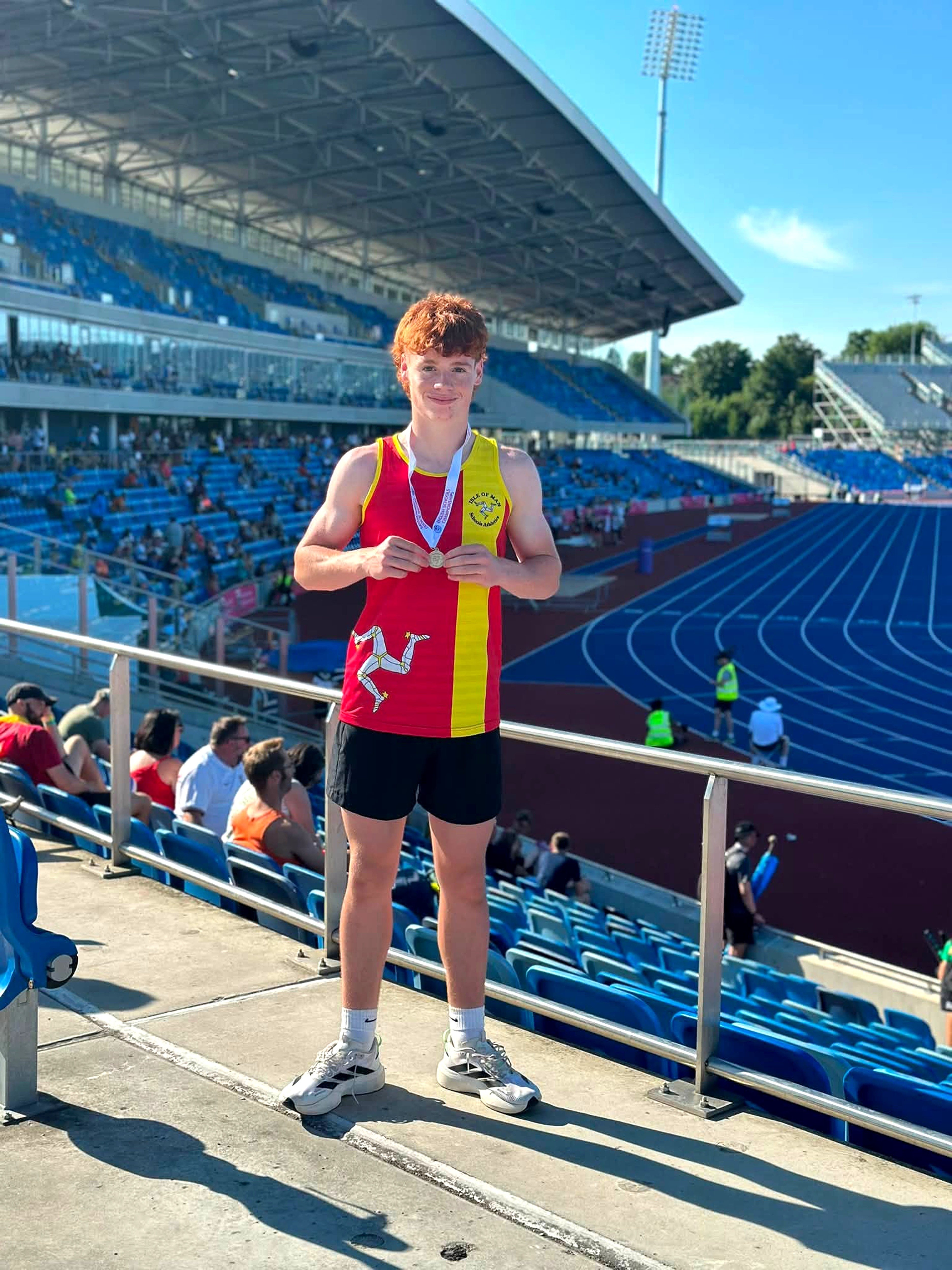 Taylor Kneen with his silver medal at the English Schools Track and Field Championships at the Alexander Stadium in Birmingham 