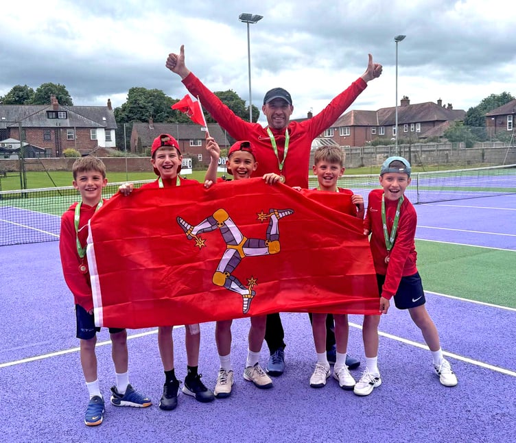 The junior island tennis team of (left to right) Albert Orton, Ivan Yordanov, Jasper Hill, coach Neri Gricevicius, Arthur Orton and Martin Petrov