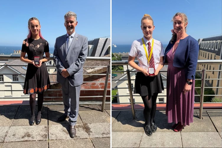 Amelia Mealin, of Ramsey Grammar School, was recognised for her Outstanding Contribution to Manx Culture. Pictured with Lawrence Skelly MLC. Cara Rowles, was recognised for her Outstanding Achievement in Manx Music and Dance. Cara is pictured here with Daphne Cain MHK.