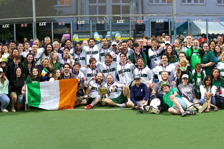 The Ireland team and their family and friends celebrating after clinching the 2026 European Box Lacrosse Championship title recently