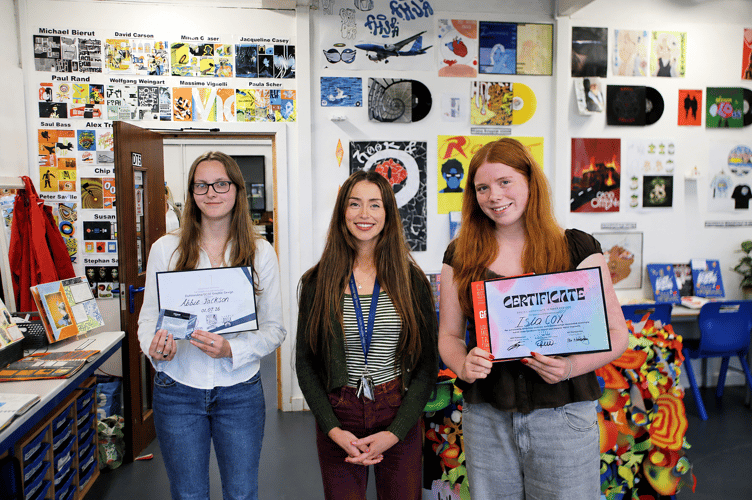 Left to right: Abbie Jackson, GCSE overall Graphic Design winner, Miss Dickinson, course lead for Graphic Design, and Isla Cox, winner of the inspiration award