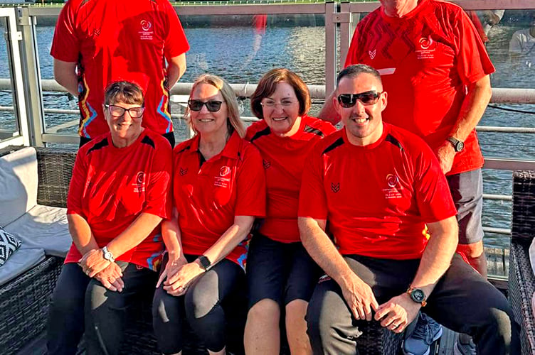 The Isle of Man bowls contingent in Glasgow, including Michael Collister, Mark McGreal, Caroline Whitehead and Paula Garrett plus team coach Clive McGreal (far right)