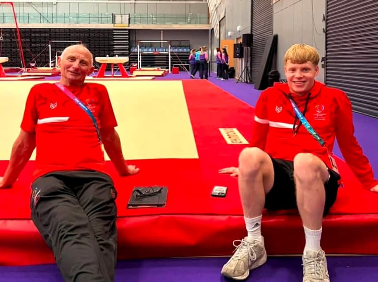 Isle of Man gymnast Harry Eyres alongside coach Gennady Tsyganov at the Glasgow International Arena after his opening training session at the Commonwealth Games earlier this week