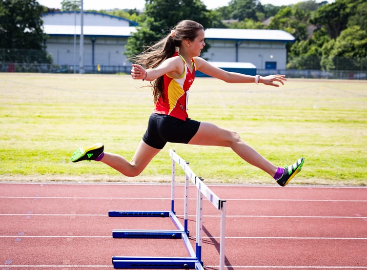 Manx Harriers' Rowan Thompson enjoyed an excellent championships, winning the under-14s girls 75m hurdles, high jump, 200m hurdles and javelin (Photo: DK Photography)