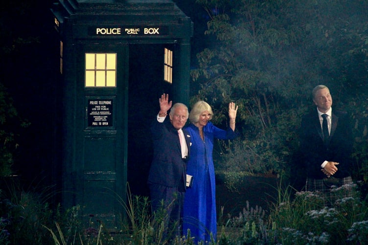 Yes that is King Charles III and Queen Camilla being welcomed out of the TARDIS and onto the stage by Scottish and cycling ‘royalty’, Sir Chris Hoy (Photo: Dave Norton)