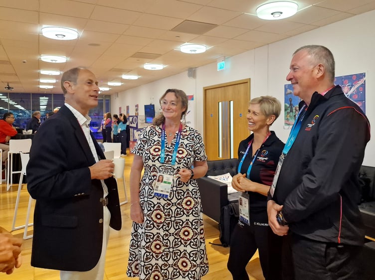 Education, Sport and Culture Minister Daphne Caine MHK speaks to Prince Edward, Duke of Edinburgh, along with Basil Bielich and Micky Swindale from the Isle of Man Commonwealth Games Association