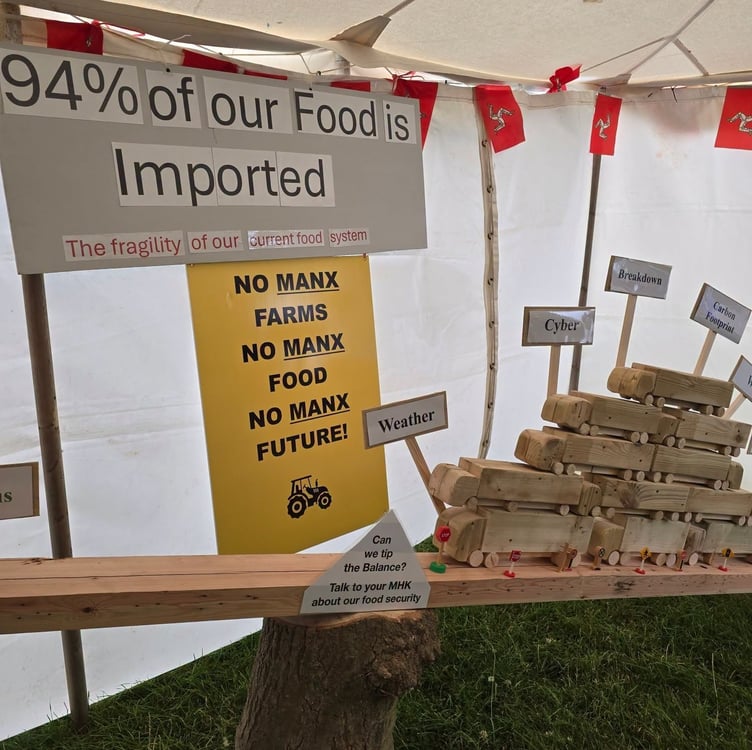 Visitors to the Southern Agricultural Show at Orrisdale Farm were greeted by an MNFU stand highlighting that 94% of the Island’s food is imported (Photo: Juan McGuinness)