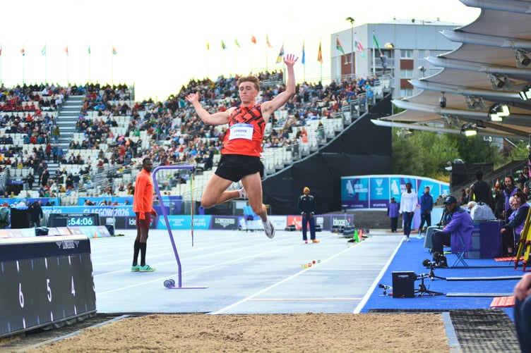 Regan Corrin on his way to a 10th-place finish in the Commonwealth Games' long jump final in Glasgow on Wednesday evening (Photo: Andy Dalrymple)