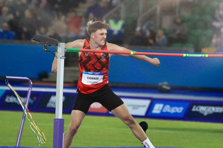 Regan Corrin celebrates after seemingly clearing one of his jumps, only for the bar to topple excruciatingly late during the men's high jump final on Monday evening (Photo: Dave Norton)