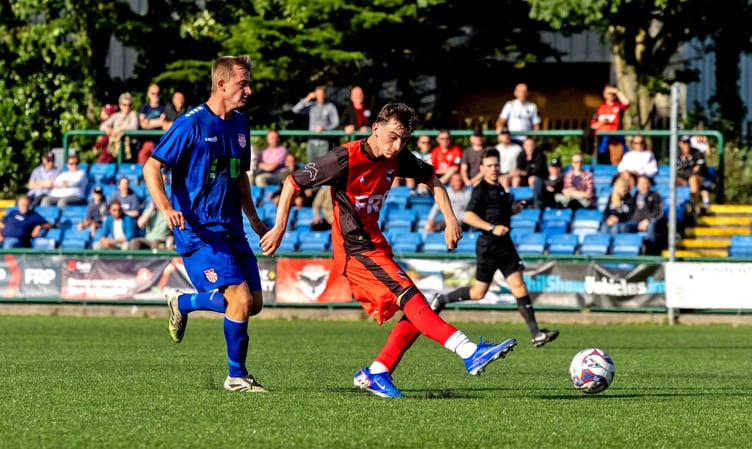Jimmy Lowther fires home to open the scoring for FC Isle of Man against St Helens on what was his Ravens debut on Saturday evening at the Bowl (Photo: Hannah McHugh)