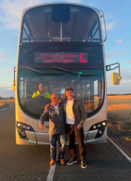 Mayor of Douglas, Mr Councillor Steven Crellin, JP and Media Isle of Man's Tom Curphey ahead of driving a bus in Jurby 