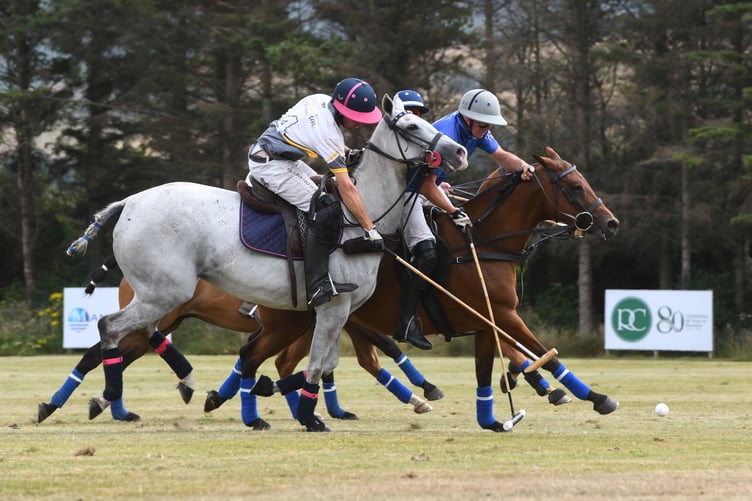 Locate IoM's Harold Hodges left) battles with R&R Polo opponent Marcus Collie during the Triskelion Polo Club-hosted event at Ballacooiley Equestrian Estate (Photo: Jonathan Burton Photography)