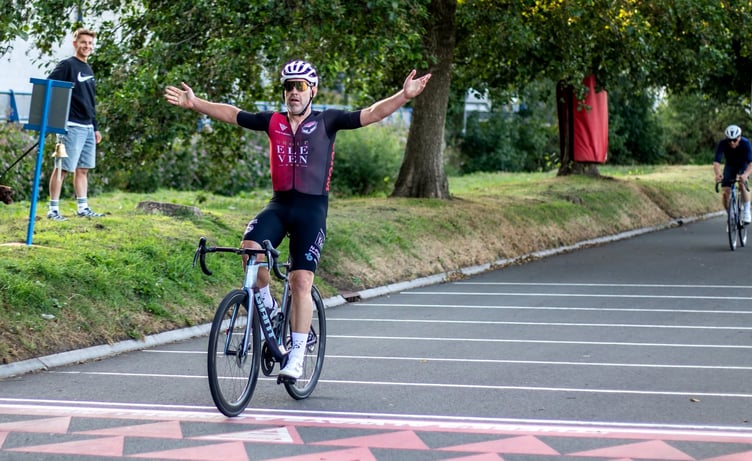 Rob Sorby celebrates as he crosses the finish line to win the A race during the final round of Manx Viking Wheelers' Summer Series at the NSC last week (Photo: Gary Jones/Manxmanphotos)