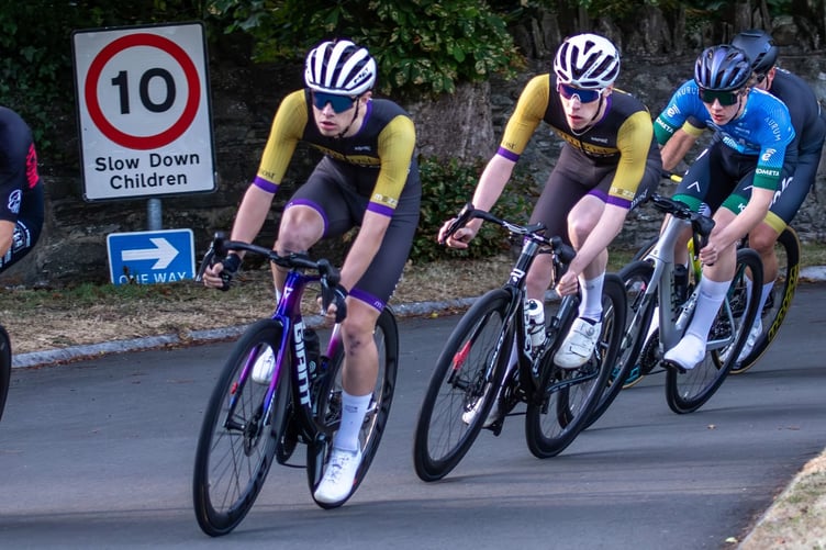 Alec Sorby, Zach Jones and Hugh Osborne circulate together at the head of the peloton during last week's finale (Photo: Gary Jones/Manxmanphotos)