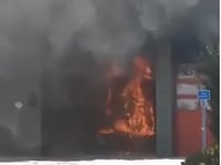Road shut as blaze rips through fire station