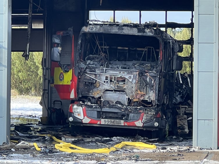 The charred remains of a fire appliance inside the fire ravaged building