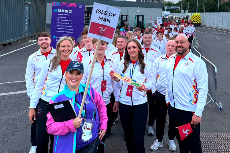 Team Isle of Man - including flag bearer Alfie Bezance and baton bearer Laura Kinley - ahead of the opening ceremony at this year's Games