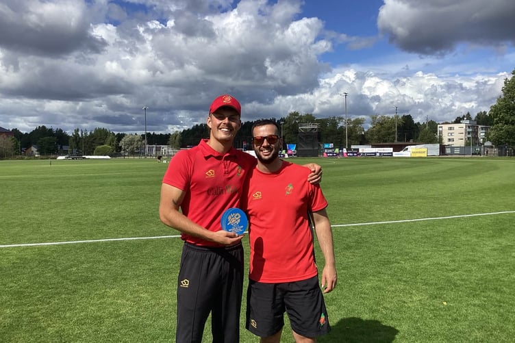 Dollin Jansen (left) with Matt Ansell after the former's Player of the Match performance against Bulgaria on Monday (Photo: Isle of Man Cricket)