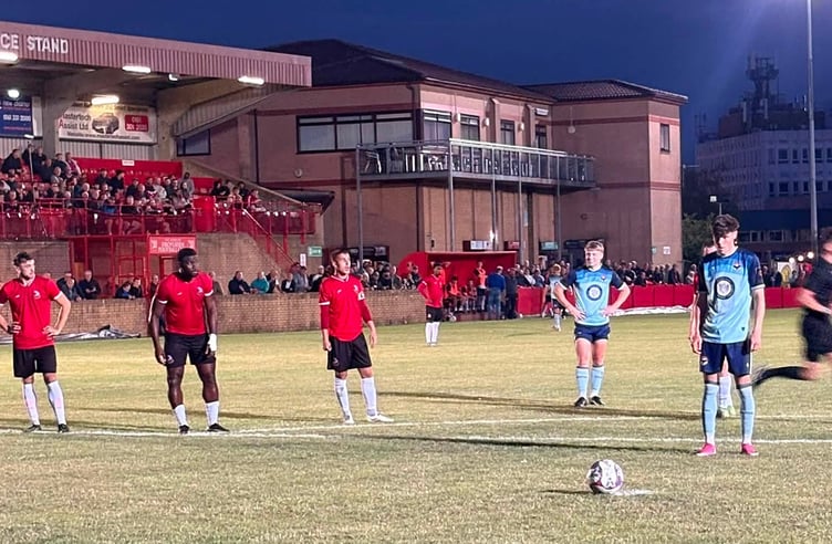 Charlie Higgins steps up to take his second-half penalty which earned FC Isle of Man a 1-1 draw away at Droylsden on Tuesday evening (Photo: Droylsden FC)