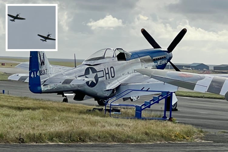 The Mustang at Ronaldsway waits for its next flight and (inset) joins the Spitfire in the sky above Port Erin
