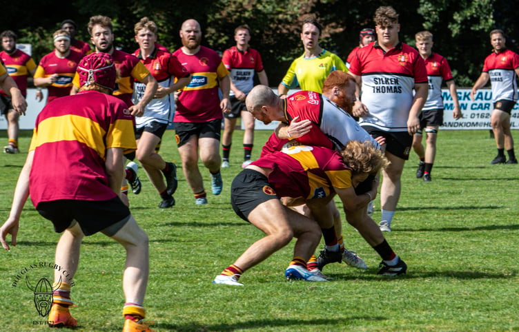 Wilf Kermode challenges a Cill Dara opponent during Saturday's friendly at Port-e-Chee (Photo: Richard Ebbutt)
