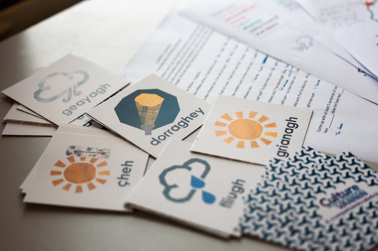 Bright and colourful flashcards, created especially for Culture Vannin Manx classes by artist Vicky Webb