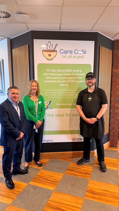 (Left to right) Karl Moore (Utmost Isle of Man chief executive), Anne Shorrock (Head of people, culture and support services Hospice Isle of Man) and Matthew Neary (Hospice Care Café supervisor)