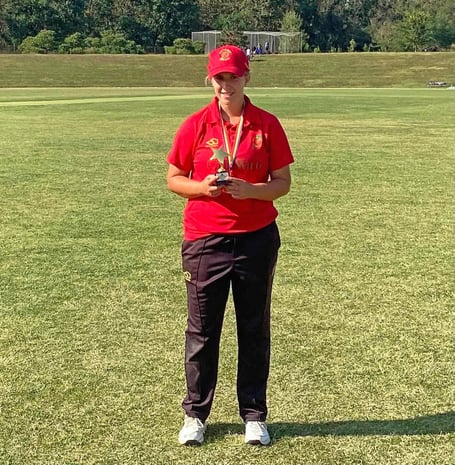 Isle of Man cricketer Lucy Barnett with her MVP award at the Continental Cup in Romania