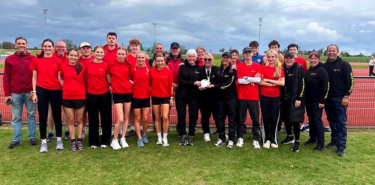 Team Isle of Man receive the Western Division One South shield at the end of last Sunday's Northern Track and Field League meeting (Photo: Claire Turner)