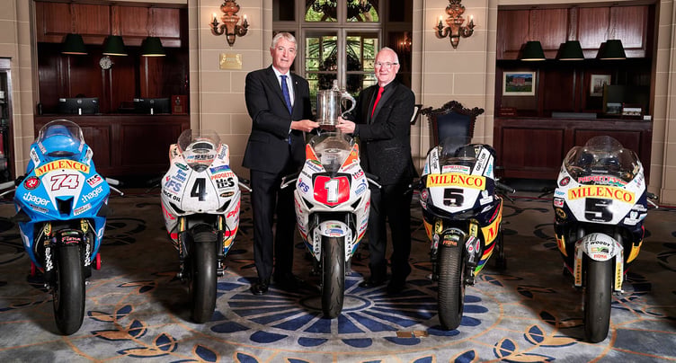Clive Padgett (right) receives the prestigious Torrens Trophy from Duncan Wiltshire, chairman of the Royal Automobile Club (www.iomttraces.com)
