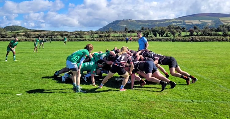 Referee Daryl Richards keeps a close eye on a scrum between Western Vikings and PDMS Southern Nomads in the Manx Shield at QEII High School in Peel on Saturday afternoon. The southerners won the match 54-12 (Photo: Southern Nomads RUFC)