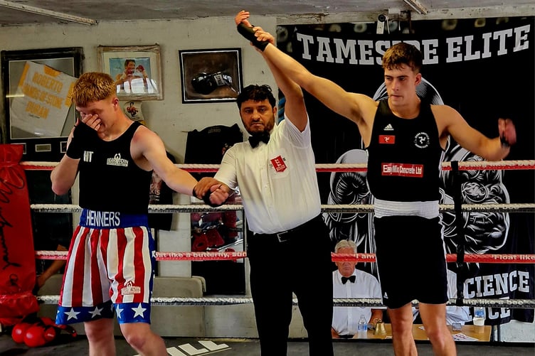 Manx ABC's Sam Monaghan has his arm raised after victory over Henry Tomkinson at the weekend