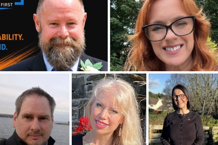 Douglas South candidates (L-R from the top - Dean Bolton; Claire Christian; Arwid Hall; Livia Lenarduzzi and Sarah Maltby)