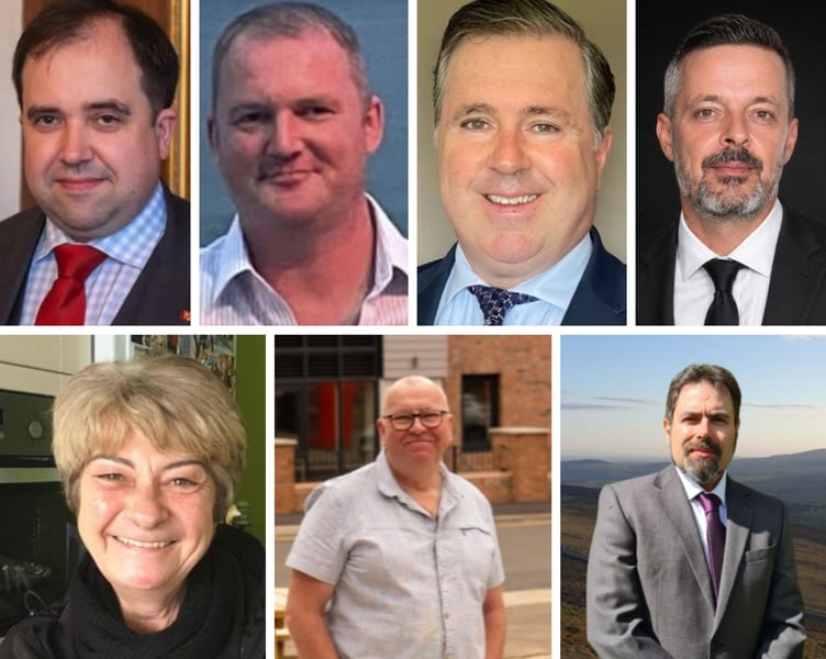 Douglas North candidates (L-R from the top - David Ashford; Jason Cheetham; Damian Ciappelli; Denis J Staunton; Janet Thommeny; Peter Washington and Hugo Yates)